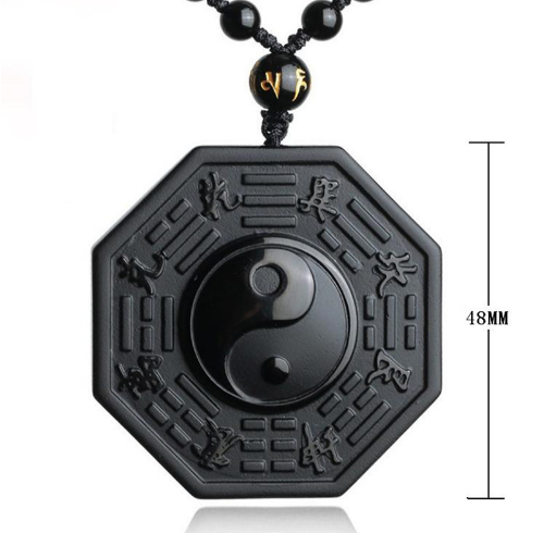 Black Obsidian Yin Yang Fish Five Elements Amulet Necklace