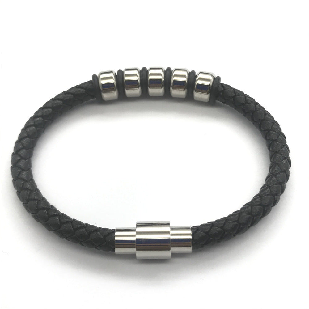 Simple Men's Leather And Steel Magnetic Iron Clasp Bracelet