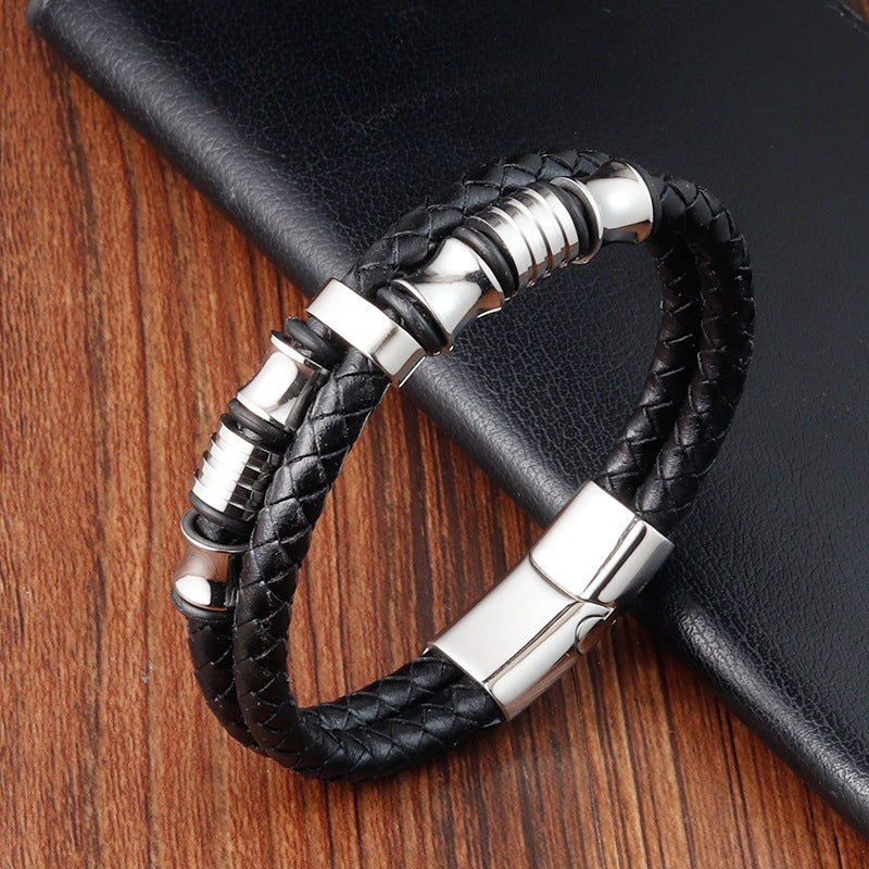 Men's Black Cowhide Double Layer Titanium Steel Bracelet