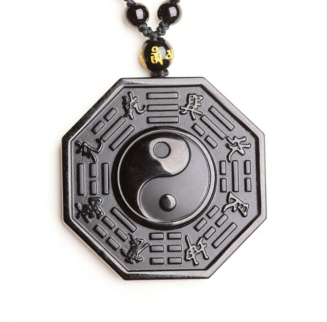 Black Obsidian Yin Yang Fish Five Elements Amulet Necklace