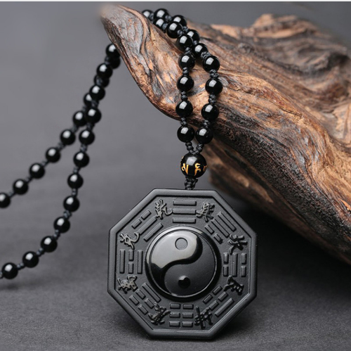 Black Obsidian Yin Yang Fish Five Elements Amulet Necklace