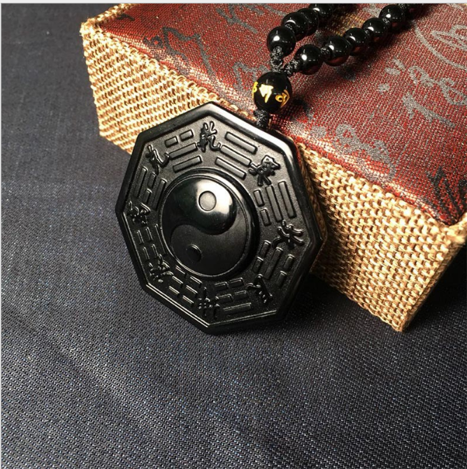 Black Obsidian Yin Yang Fish Five Elements Amulet Necklace