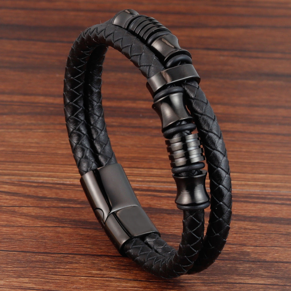 Men's Black Cowhide Double Layer Titanium Steel Bracelet