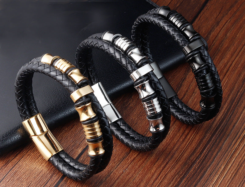 Men's Black Cowhide Double Layer Titanium Steel Bracelet
