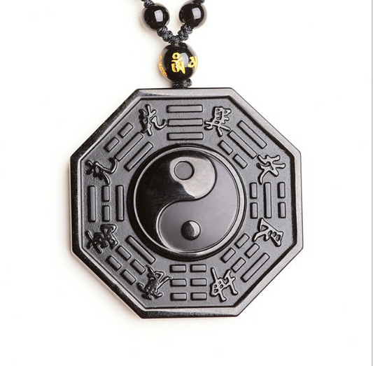 Black Obsidian Yin Yang Fish Five Elements Amulet Necklace