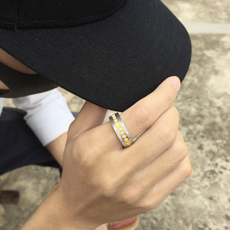 Inner Ball Micro-inlaid Zircon Tungsten Steel Ring Between Gold Men